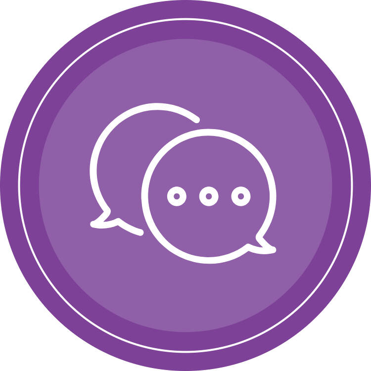 Social wellness round icon, with a purple background and two conversation bubbles in the center